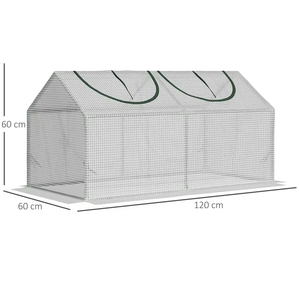 Kasvuhoone valge PE kattega ja rullakendega, mõõtmetega 120x60x60 cm, asub neutraalsel taustal. Konstruktsioon on valmistatud vastupidavast materjalist, millel on kaks rullakent ülaltpoolt.
