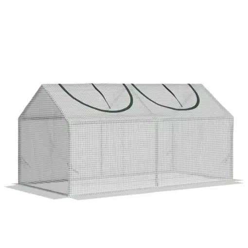 Kasvuhoone PE kattega, rullakendega, 120x60x60 cm | E-pood Tootemaailm Kasvuhoone PE kattega ja rullakendega, mõõtmetega 120x60x60 cm, valge võrkkattega, mis paikneb puhtal ja neutraalsel taustal.