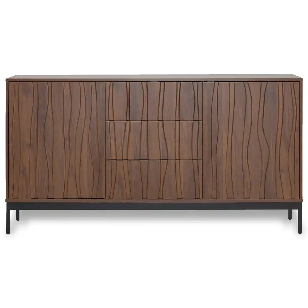 Köögikapp tume pähkel, kolme sahtliga ja 150 cm lai; elegantne ja modernne disain. Valmistatud kvaliteetsest pähklipuidust musta metallraamiga, harmoneerub kergesti erinevate köögistiilidega.