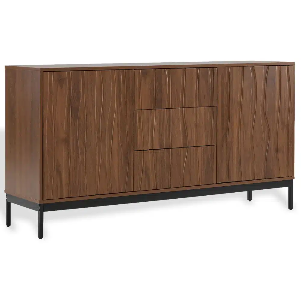 Köögikapp tume pähkel, 3 sahtlit, 150 cm, modernne disain mustal metalljalal valge taustal.