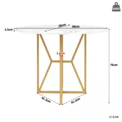 Ümmargune söögilaud marmorimustriga, millel on kuldne metallraam ja 80 cm läbimõõt marmorist lauaplaat. Söögilaud paikneb valgel taustal, esile toodud mõõtudega 76 cm kõrgus ja 2,5 cm paksus.