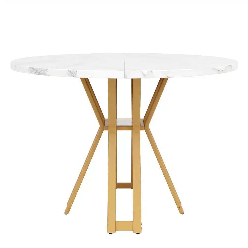 Ümmargune söögilaud marmorimustriga, mis on valmistatud elegantse valge marmorimustriga pealispinnaga ja kuldse metallraamiga. Laud on asetatud neutraalsele taustale, et tuua esile selle luksuslik disain.