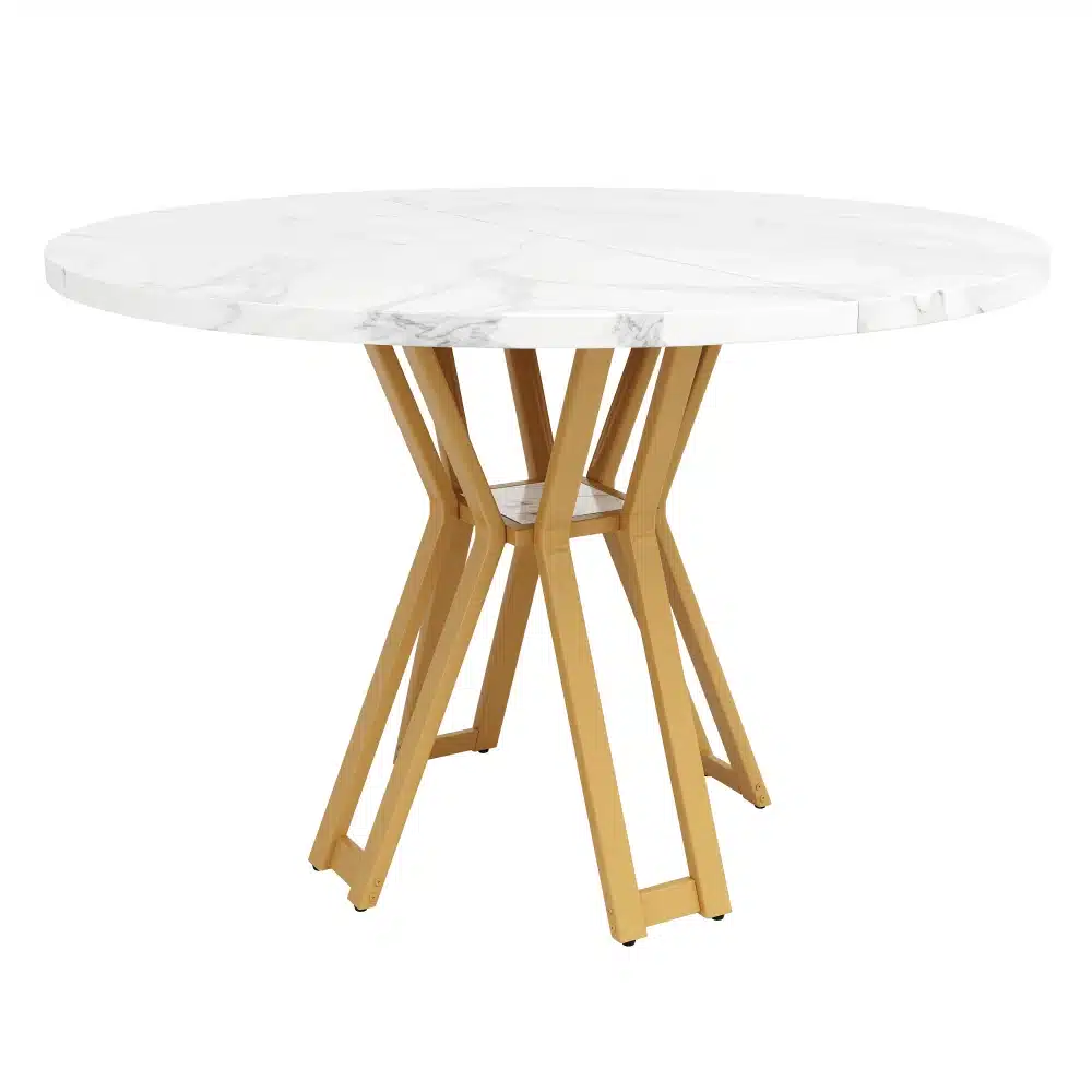 Ümmargune söögilaud marmorimustriga, millel on valge pind ja kuldsed metaljad jalad, minimalistlikus stiilis.