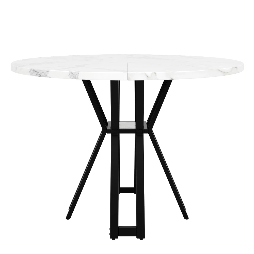 Ümmargune söögilaud marmorimustriga, millel on mustast metallist jalad ja elegantne marmorilaadne kujundus. Laud on minimalistlikus stiilis, sobides kaasaegsesse interjööri.
