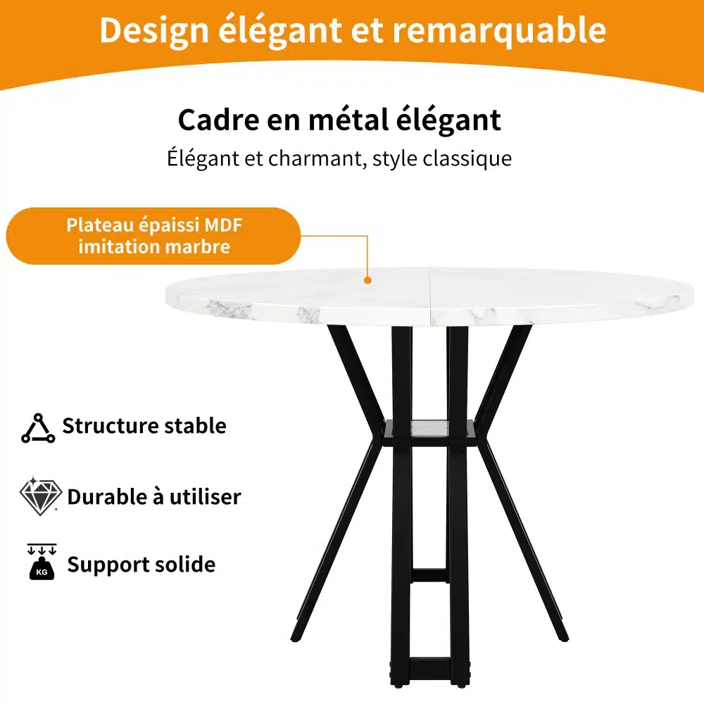 Ümmargune söögilaud marmorimustriga, millel on metallist must raam ja MDF-ist lauaplaat. Elegantne disain sobib erinevatesse kodudesse.