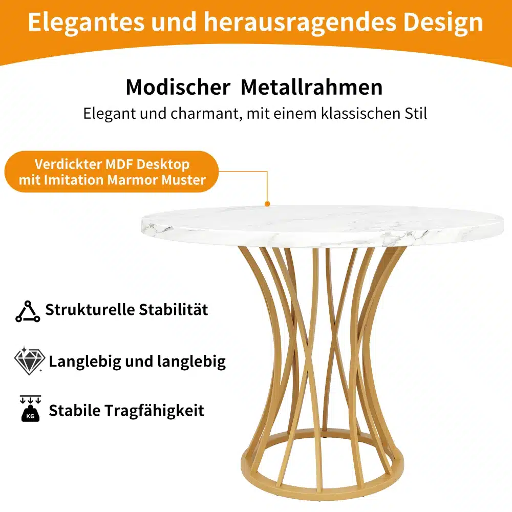 Pilt ümmargusest söögilauast marmorimustriga, millel on paks MDF plaat ja stiilne metallraam. Tootel on samuti esile toodud omadused, nagu struktuurne stabiilsus ja elegantne disain.