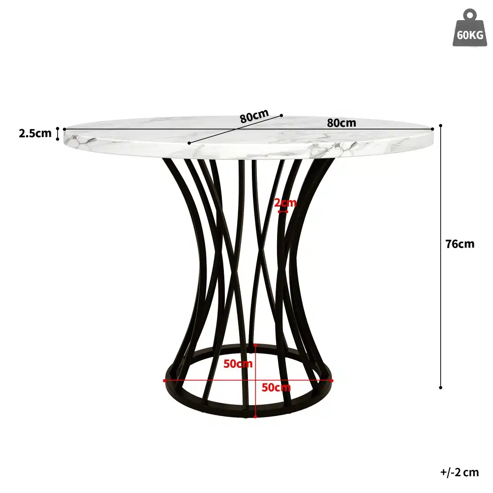 Ümmargune söögilaud marmorimustriga, mõõtmetega 80cm diameetriga, elegantse musta metalljala toel.