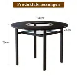 Ümmargune laud puiduspooni ja keskse klaasdetailiga, mõõtudega 100 cm laius, 76 cm kõrgus ja 2.5 cm paksus; laua pealispind on tume ja puitmaterjalist, toestatud metallist jalgadel.