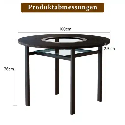 Ümmargune laud puiduspooni ja keskse klaasdetailiga, mõõtudega 100 cm laius, 76 cm kõrgus ja 2.5 cm paksus; laua pealispind on tume ja puitmaterjalist, toestatud metallist jalgadel.