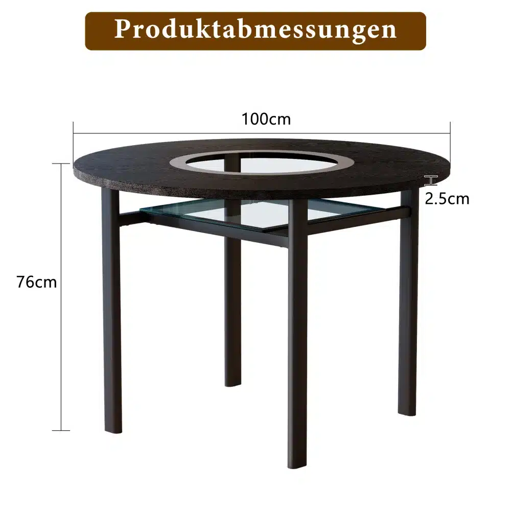 Ümmargune laud puiduspoonis ja klaasdetailiga, mille läbimõõt on 100 cm ja kõrgus 76 cm, musta metallraamiga kaasaegsel taustal.