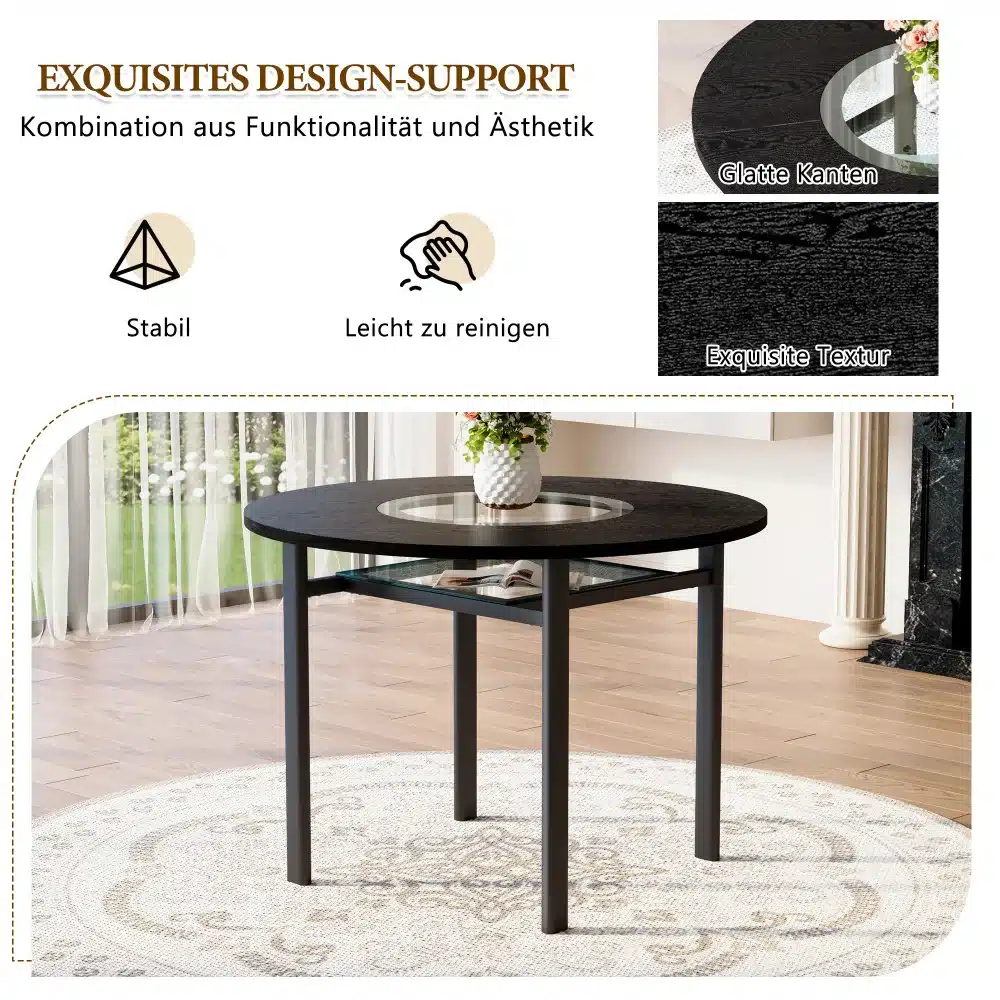 Pilt ümmargusest lauast puiduspooni ja selge klaasdetailiga, mis seisab valgel kaunist vaibal päikesepaistelise elutoa taustal.