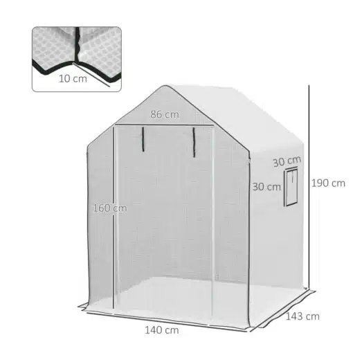 Kasvuhoone kate UV-kaitsega ukse ja aknaga 140x143x190 | E-pood Tootemaailm Kasvuhoone kate UV-kaitsega ukse ja aknaga 140x143x190, valget värvi materjal koos tugeva raamiga, mis tagab vastupidavuse ja kaitse aiataimedele. Kate on näidatud koos täpsete mõõtmetega ja detailvaatega õmblustest.