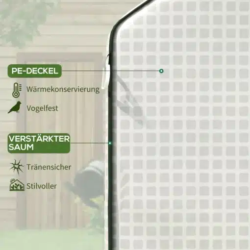 Kasvuhoone kate UV-kaitsega ukse ja aknaga 140x143x190 | E-pood Tootemaailm Kasvuhoone kate UV-kaitsega ukse ja aknaga, valge polüetüleenist materjal, nähtav on tugevdatud õmblus ja soojakindel kattekiht, roheluse ja puidust piirde taustal.