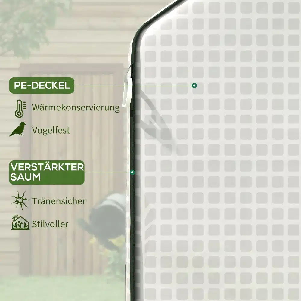 Kasvuhoone kate UV-kaitsega, millel on tugevdatud õmblused ja isoleeriv PE-kate, paikneb rohelise ja pruuniga aiataustal.
