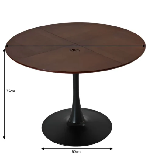 Ümmargune söögilaud tammepuidu imitatsiooniga 120 cm | E-pood Tootemaailm Ümmargune söögilaud tammepuidu imitatsiooniga, läbimõõduga 120 cm, musta metalljalgade ja elegantse sileda pinnaga. Laud seisab kaasaegsel mustal alusel ja sobib ideaalselt igasse koduse interjööri. Taust on neutraalne, et esile tuua laua disain.