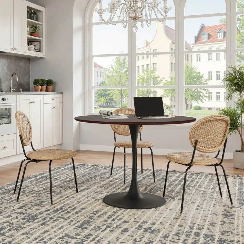 Ümmargune söögilaud tammepuidu imitatsiooniga 120 cm, modernses köögis nelja tooliga. Laud on tumeda laminaadiga ja ümarate nurkadega, asetatud helehallile vaibale. Akendest paistab helge päevavalgus, taustal valged köögikapid ja sisustuselemendid.