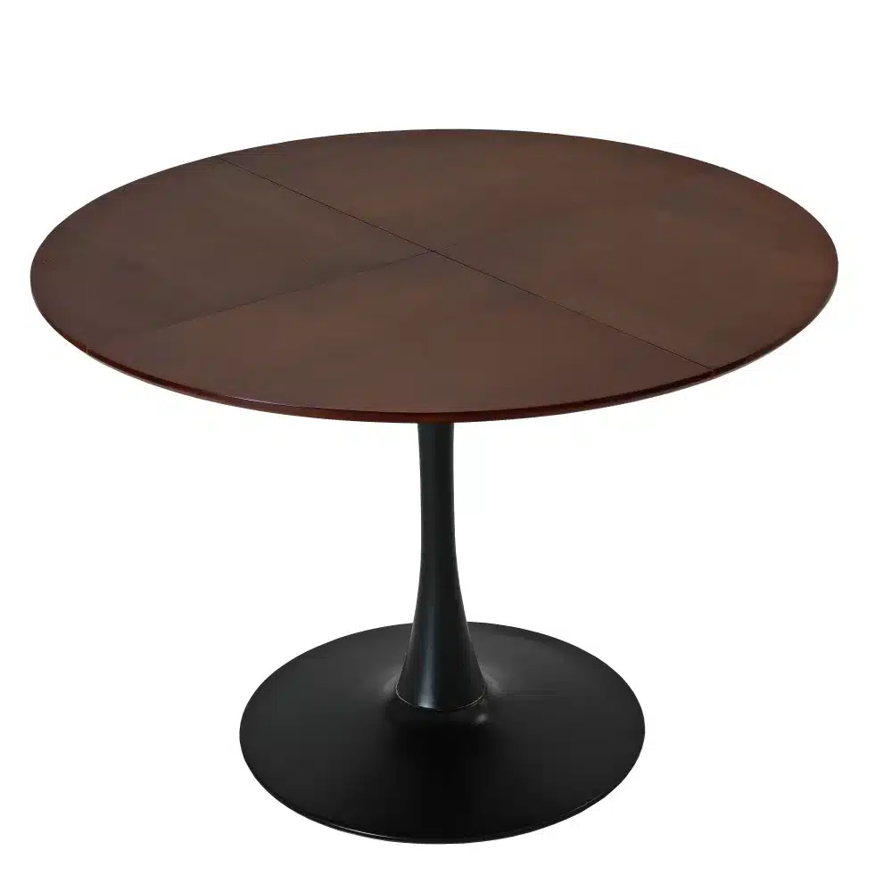 Ümmargune söögilaud tammepuidu imitatsiooniga 120 cm, millel on tumedast puidust lauaplaat ja elegantne must metalljalg. Minimalistlik disain sobib ideaalselt kaasaegsesse interjööri.