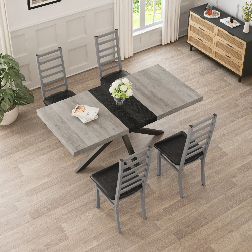 Moodne köögiruum, kus keskel asub ümmargune söögilaud tammepuidu imitatsiooniga diameetriga 120 cm, koos kolme modernse tooliga. Laud on helehall ja sobitub harmooniliselt heledas toas, mille põrand on kaetud puitimitatsiooniga.