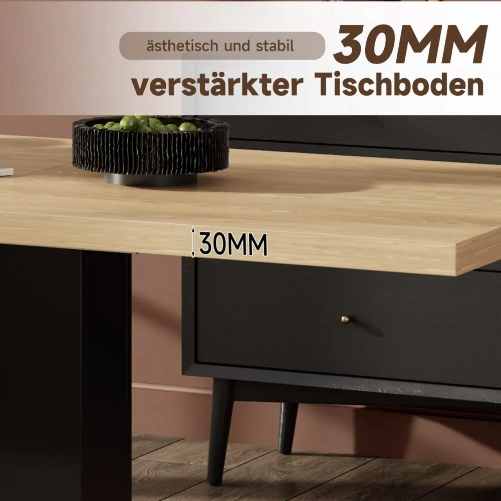 Pilt näitab söögilauda, mis on valmistatud naturaalsest puidust ning millel on 30 mm paksune tugevdatud lauaplaat. Laud asub modernses interjööris, mille taustal on neutraalne sein ja tumedat tooni mööbel.
