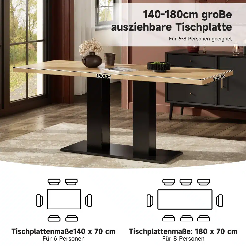 Kaunis pikendatav söögilaud, mille naturaalne puidust pind ulatub 180 cm pikkuseks, sobib suurepäraselt 6–8 inimesele, olles paigutatud valgusküllasesse ja modernsesse elutuppa akna kõrval.