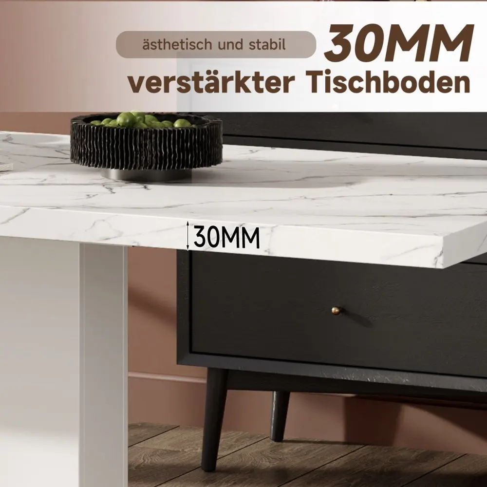 Lähivaade naturaalsest puidust pikendatava söögilaua paksust lauaplaadist. Lauaplaat on 30mm paksune, marmorilaadne viimistlus, toeks tugev konstruktsioon. Laual on dekoratiivne must kauss. Taustaks mahedat tooni sein ja tumedat tooni mööbel.