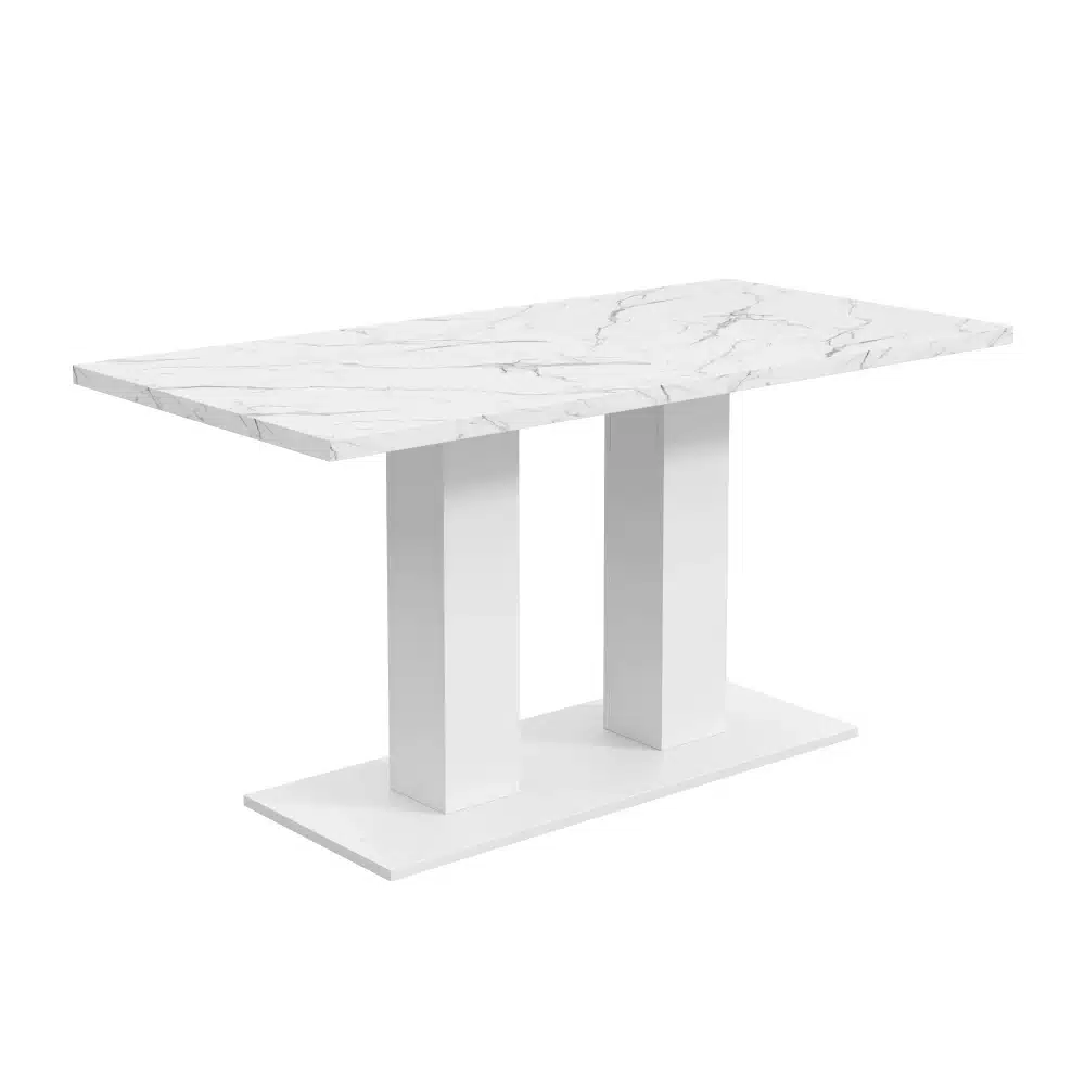 Valge söögilaud minimalistliku disainiga, mis on valmistatud naturaalsest puidust ning sobib 6–8 inimesele. Lauaplaat on elegantsete marmorilaadsete detailidega ning laua tugevad jalad toetavad kindlalt laua struktuuri.