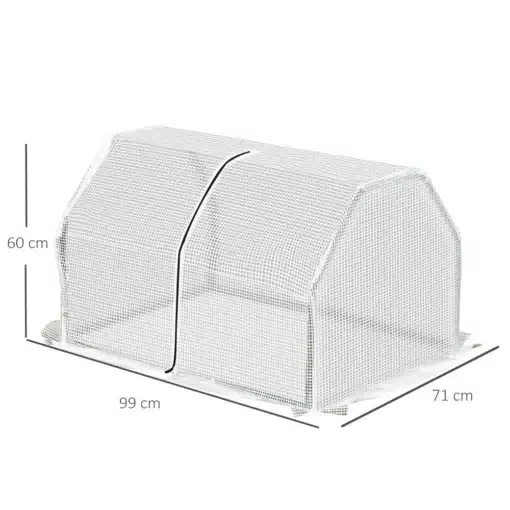Valge UV-kaitsega plastist kasvuhoone mõõtudega 99x71x60 cm, millel on nähtav praktiline must lukuga ava keskel. Taust on valge, mis toob esile toote struktuuri ja disaini.