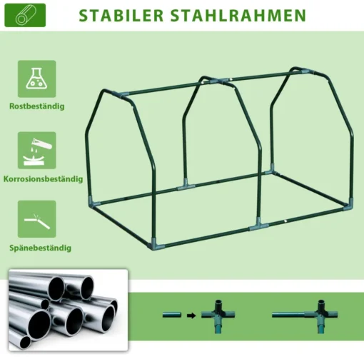 Stabiilne terasest raam mudeli Kasvuhoone UV-kaitsega plastist, lukuga, mõõtmetega 99x71x60 cm jaoks. Roheline metallist struktuur on roostevaba, korrosioonikindel ja vastupidav kriimustustele, mis on kujutatud helerohelisel taustal koos tehniliste ikoonidega.