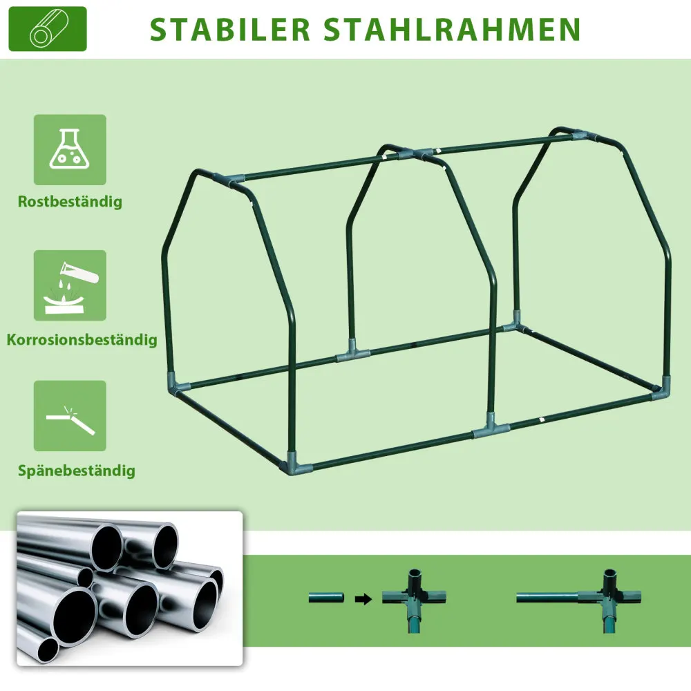 Kasvuhoone raam UV-kaitsega plastist mõõtmetega 99x71x60 cm. Roheline metallist raam koos tugeva ühendussüsteemiga. Taust on helekollane, millel on märgitud roostekindluse, korrosioonikindluse ja kriimustustekindluse omadused.