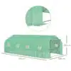 Suur kasvuhoone PE kattega, 6x3x2 m | E-pood Tootemaailm Roheline suur kasvuhoone PE kattega, mõõtudega 6x3x2 m, matil murul, näidatud detailid katte ja ventilatsiooniakendega, sobilik aia seadmiseks.