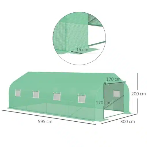 Suur kasvuhoone PE kattega, 6x3x2 m | E-pood Tootemaailm Roheline suur kasvuhoone PE kattega, mõõtudega 6x3x2 m, matil murul, näidatud detailid katte ja ventilatsiooniakendega, sobilik aia seadmiseks.