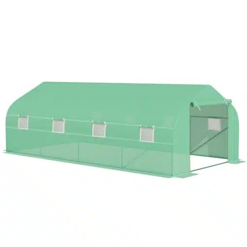 Suur kasvuhoone PE kattega, 6x3x2 m | E-pood Tootemaailm Roheline suur kasvuhoone PE kattega, mõõtmetega 6x3x2 m, millel on mitu ventilatsiooniakent ja vastupidav raam. See on paigaldatud avarasse aeda, et toetada taimede kasvatamist eri aastaaegadel.