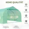 Suur kasvuhoone PE kattega, 6x3x2 m | E-pood Tootemaailm Suur kasvuhoone PE kattega, mõõtmetega 6x3x2 m, rohelise raamiga ja läbipaistva kattega, millel on tugev terasraam. Taustal on näha kvaliteedi ikoonid, mis näitavad rebenemiskindlust, soojusisolatsiooni, UV-kaitset ja linnukindlust.
