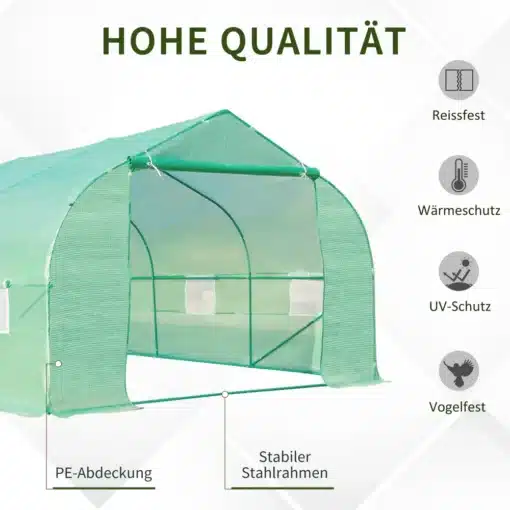 Suur kasvuhoone PE kattega, 6x3x2 m | E-pood Tootemaailm Suur kasvuhoone PE kattega, mõõtmetega 6x3x2 m, rohelise raamiga ja läbipaistva kattega, millel on tugev terasraam. Taustal on näha kvaliteedi ikoonid, mis näitavad rebenemiskindlust, soojusisolatsiooni, UV-kaitset ja linnukindlust.