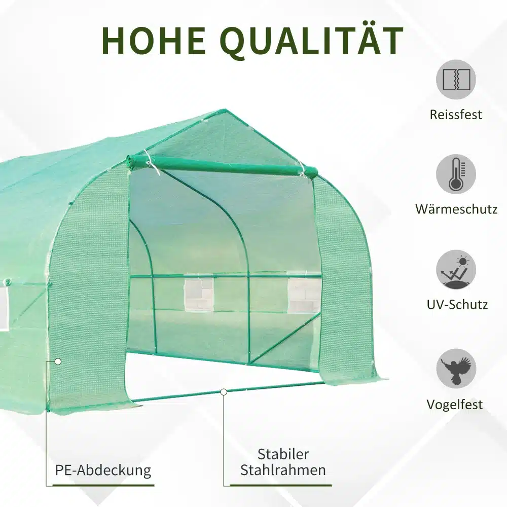 Suur kasvuhoone PE kattega, mõõtudega 6x3x2 m, roheline tugev konstruktsioon, valgel taustal. Kasvuhoone on avar ja valgusläbilaskev, sobib ideaalselt taimede kasvatamiseks.