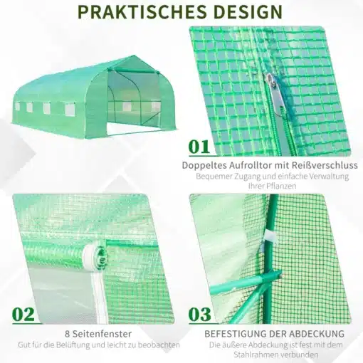 Suur kasvuhoone PE kattega, 6x3x2 m | E-pood Tootemaailm Suur kasvuhoone PE kattega, 6x3x2 m, roheliste metallraamidega, millel on tõmblukuga uks ja kaheksa küljeakent. Kasvuhoone asub heledal taustal ja koosneb tugevast plastikpolüetüleenist kattekihist.
