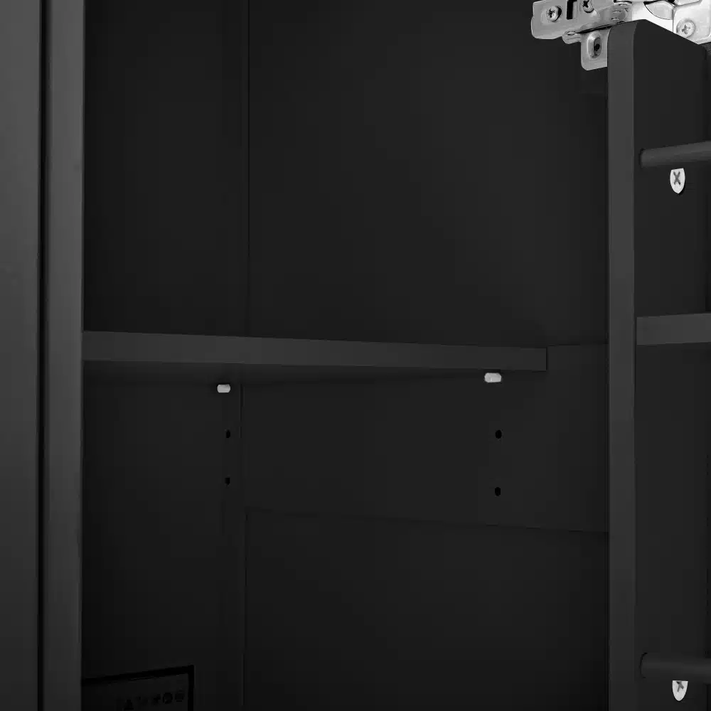 Tumehall ratastega köögikapp klapitava lauaga, millel on nähtav sisestruktuur ja paigaldusdetailid, paiknedes neutraalsel taustal.