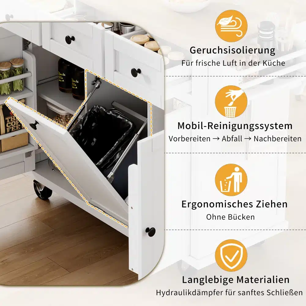 Valge ratastega köögikapp koos klapitava lauaga, köögipõrandal asetatud, rõhutatud funktsioonidega nagu mobiilne puhastussüsteem ja ergonoomiline käepide.