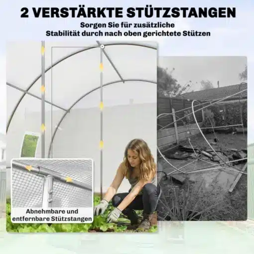 Aiandustunnel valge PE katte ja tõmblukuga uks 396x300x200 | E-pood Tootemaailm Valge PE katte ja tõmblukuga uks aiandustunnelis, näidates tugevaid tugevdusposte ja aiandusega tegelevat naist rohelistel taimedel.