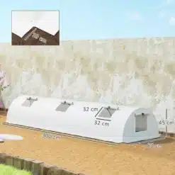 Kasvuhoone minitunnel UV-kaitsega, 4 aknaga, 300x80x45 cm, on paigutatud aia kivisele pinnasele. Valge polüestrist kate, neli venitatavat aken, roheline taust muru ja samblaga kiviseinaga. Kompaktne ja praktiline aiatööde lahendus.