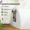 Kasvuhoone minitunnel UV-kaitsega, 4 aknaga, 300x80x45 cm | E-pood Tootemaailm Valge kasvuhoone minitunnel, 4 aknaga, 300x80x45 cm, millel on UV-kaitse ja PE-kate, asetatud puidust terrassil, taustal on rohelised taimed ja lillad lilleõied.