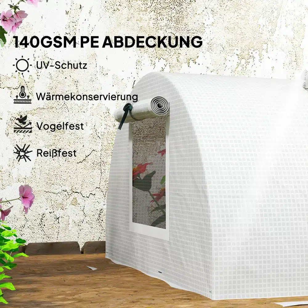 Kasvuhoone minitunnel UV-kaitsega, neli akent, mõõtudega 300x80x45 cm, mille PE katte materjal on tugeva valguskaitsega. Taustal on taimede kujutised ja roosad lilled, seinal näha teksti, mis rõhutab materjali vastupidavust.