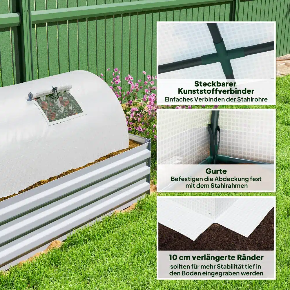 Kasvuhoone minitunnel UV-kaitsega, 4 aknaga; rohelise raamiga minitunnel, metallkarkass ja läbipaistev kate; aia rohelisel murul kõrval lillepeenar.