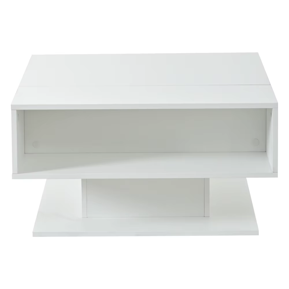Valge kõrgläikega moodne diivanilaud, millel on tõstetav lauaplaat ja avatud riiul. Laud on ruudukujuline, elegantse ja minimalistliku vormiga, sobib kaasaegsesse elutuppa.