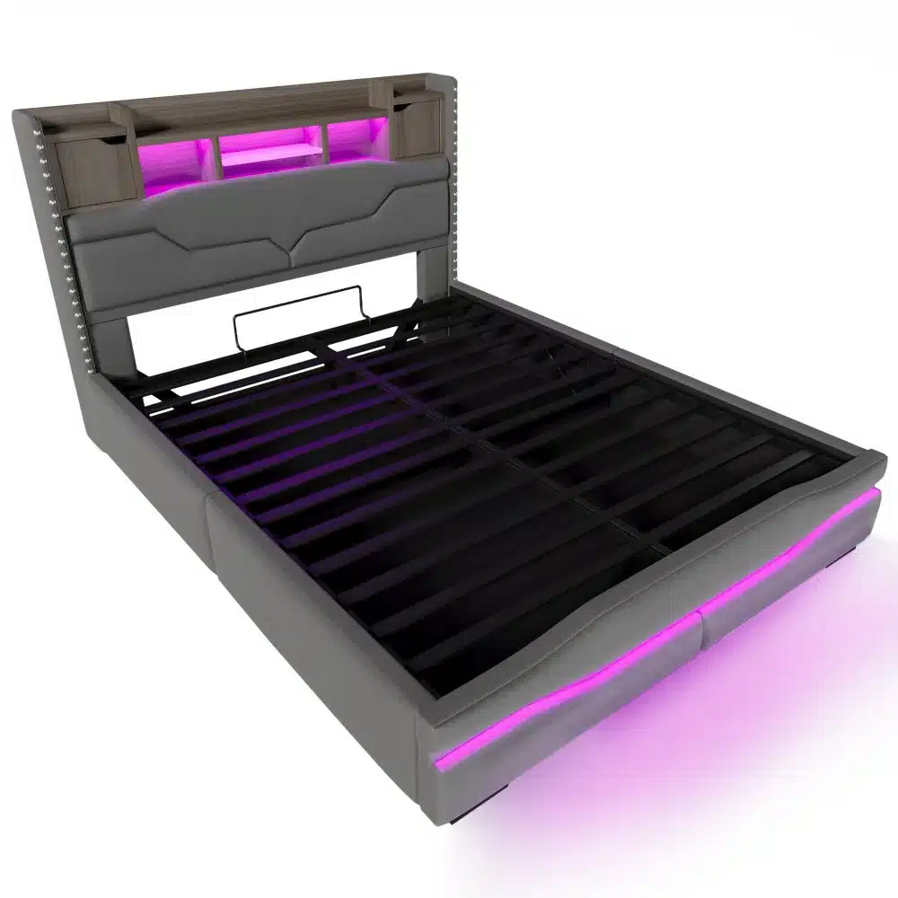 Pesukastiga voodi LED-valgustusega 160x200 USB-C-ga: hall polsterdatud voodi LED-ribadega peaotsas ning allservas, must voodiraam ja puidust riiulid, asetatud neutraalsel taustal.