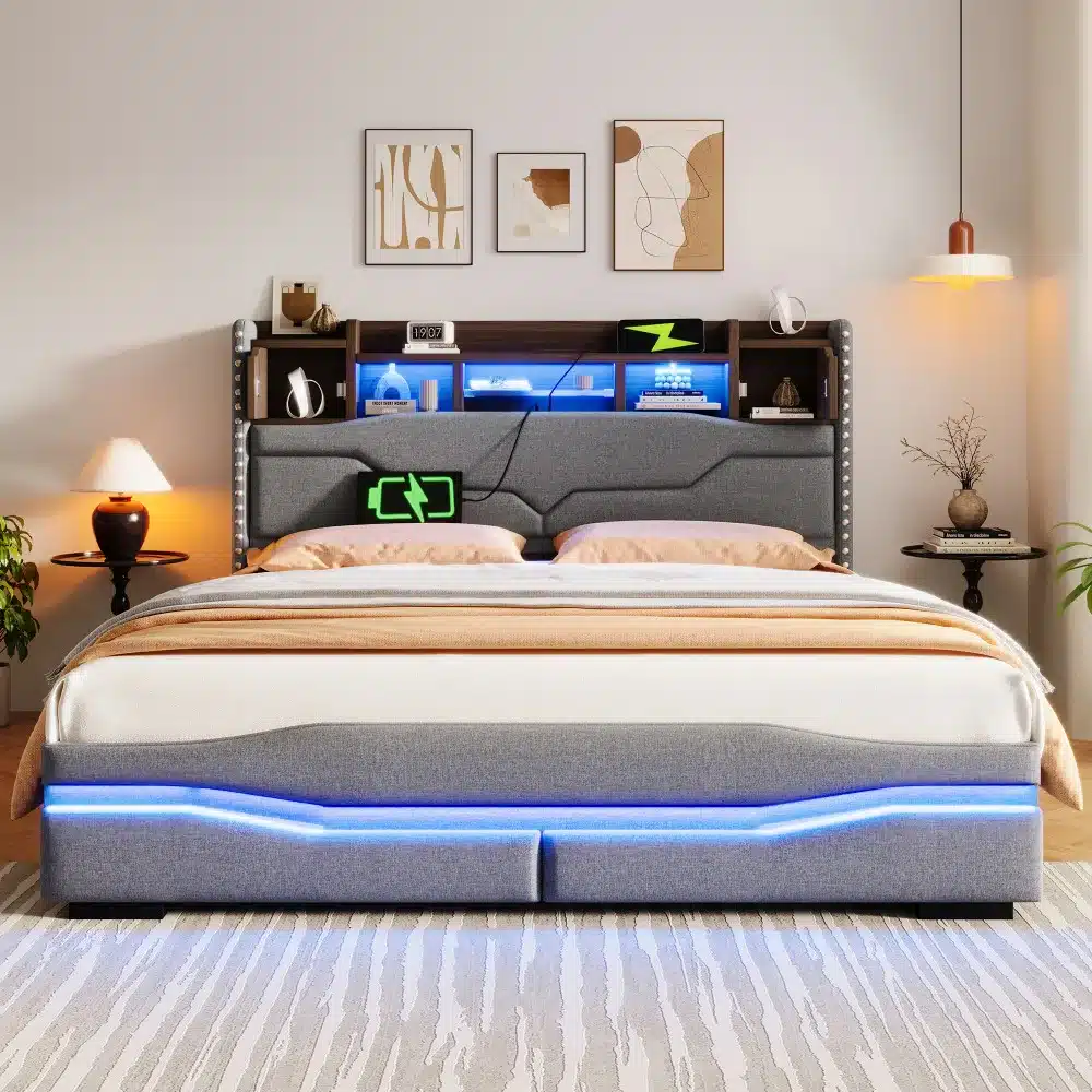 Pesukastiga voodi LED-valgustusega 160x200 USB-C-ga, halli kangaga kaetud, modernses magamistoas, seina taustal kunstiteosed ja hubased lambid.