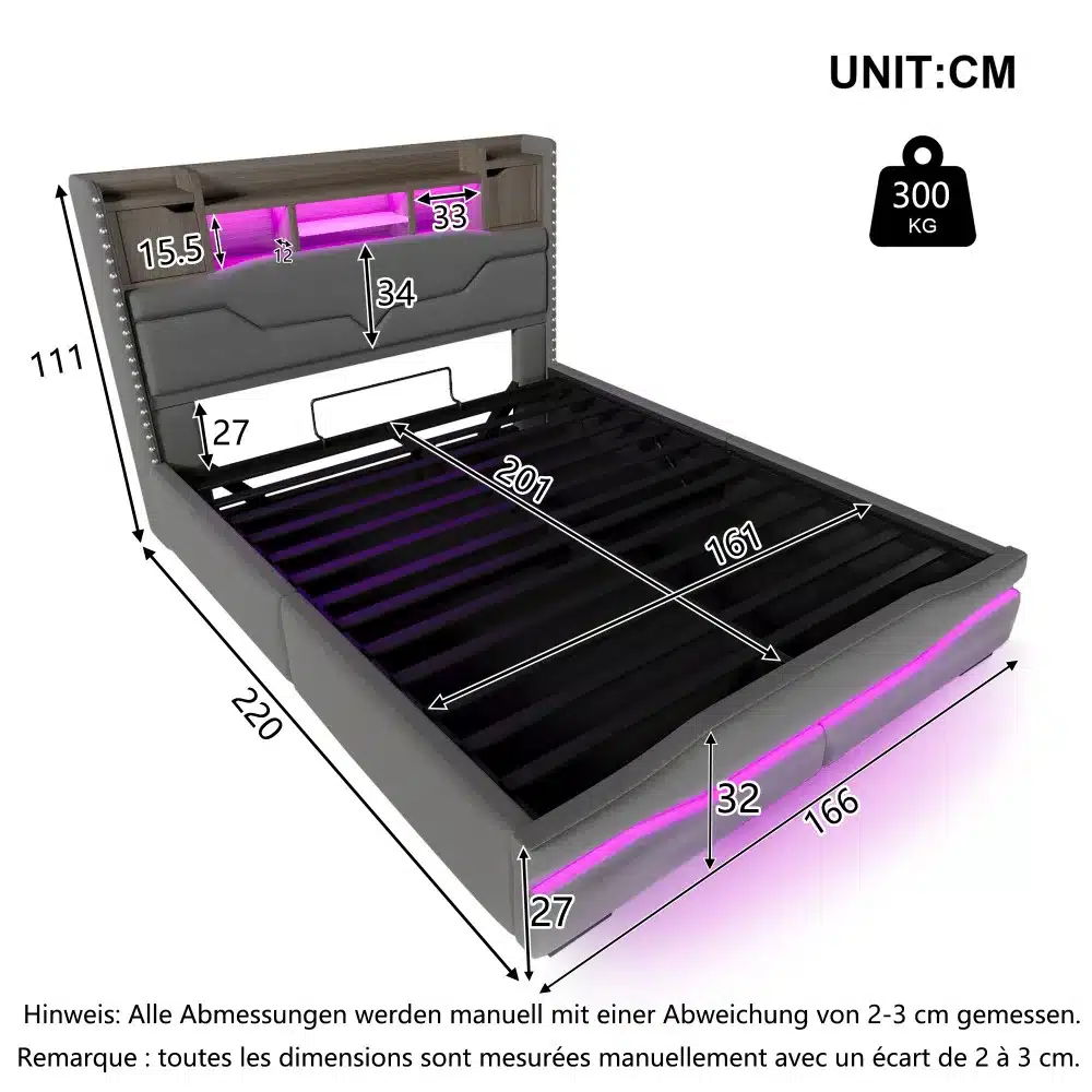 Musta värvi pesukastiga voodi LED-valgustusega suuruses 160x200 cm. Madratsita voodikarkass on USB-C ühendusvõimalusega ja puidust peatoe sektsioonidega. Voodi mõõtmed on selgelt kirjeldatud, sobitudes igasse magamistuppa moodsa ja praktilise lahendusena.
