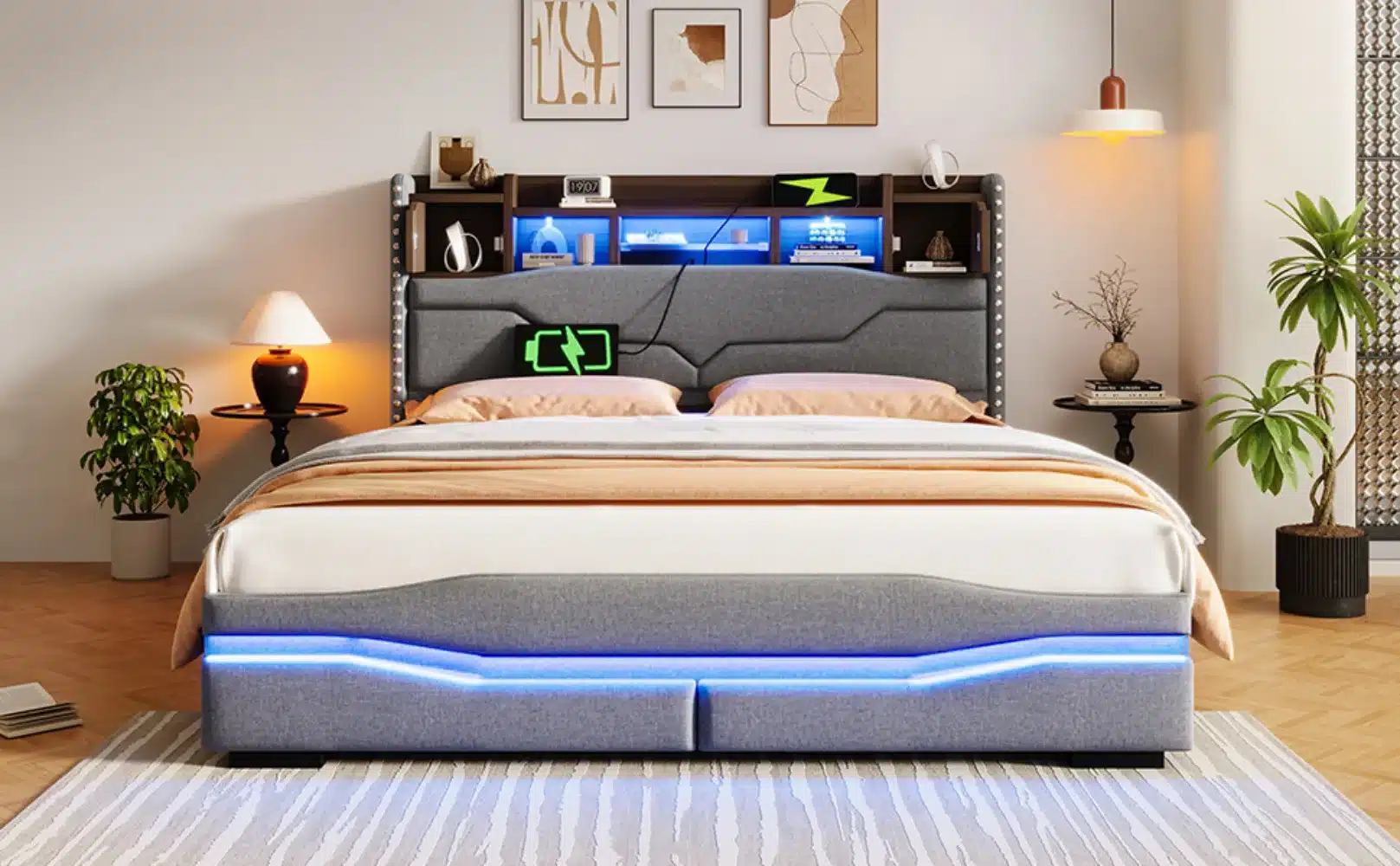 Stiilne pesukastiga voodi LED-valgustusega suuruses 160x200 USB-C ühendusega. Hall peats, sisseehitatud riiulid ja heledad toadetailid.