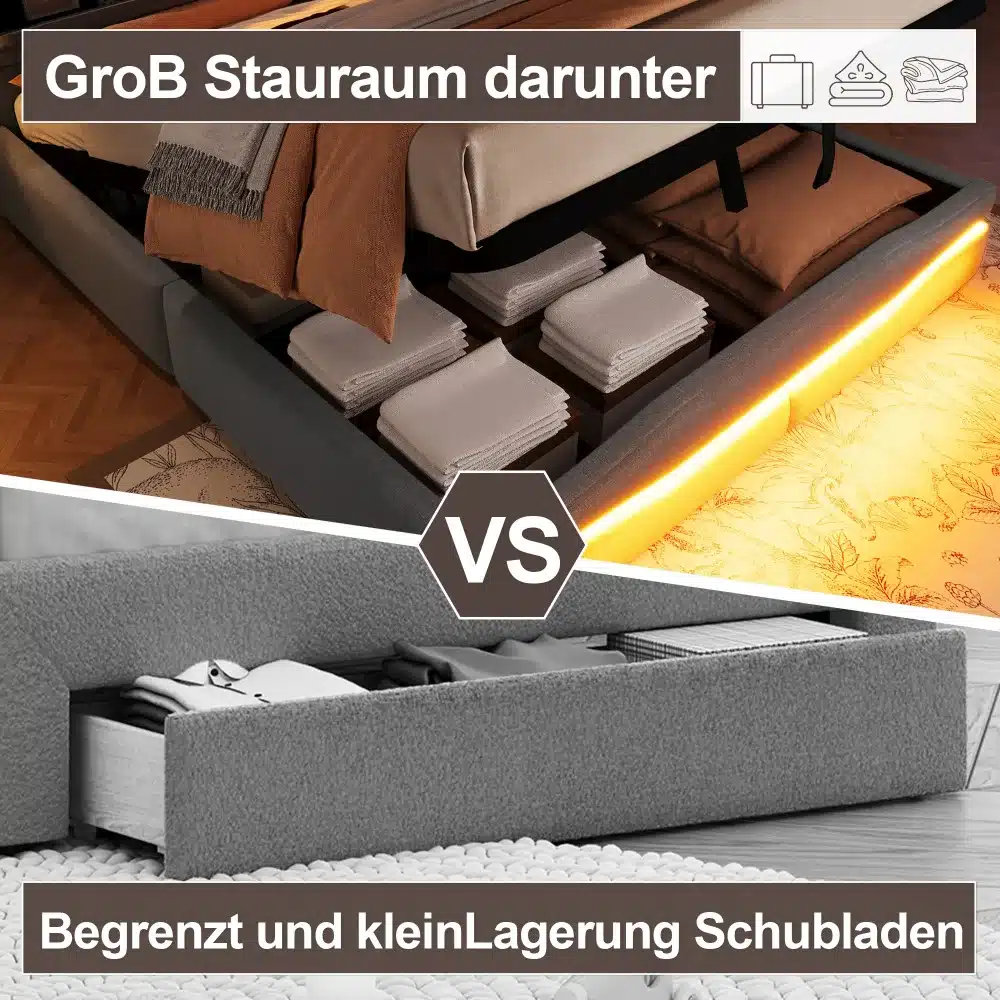 Pesukastiga voodi LED-valgustusega 160x200 USB-C-ga, ülemistel kangast voodi all on led-riba ja allosas sahtliga mudel, parkettpõrand ja soe valgustus.
