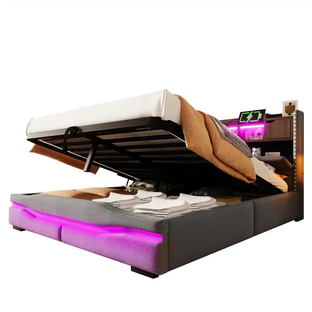 Pesukastiga voodi LED-valgustusega 160x200 USB-C-ga, tumedast kangast raam ja tõstetav madrats, mille all on avar pesukast. Voodipeatsis on LED-valgustus ja integreeritud USB-C pistik, sobib kaasaegse magamistoa interjööriga.